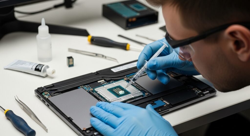 Aplicando pasta térmica nova no processador do notebook
