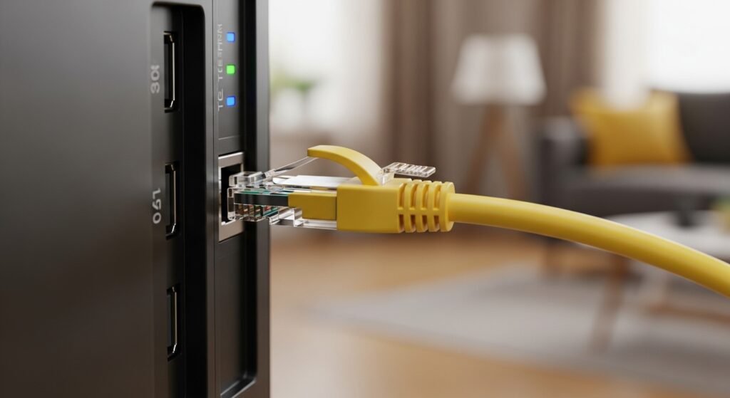 Cabo de rede Ethernet sendo conectado na traseira da Smart TV