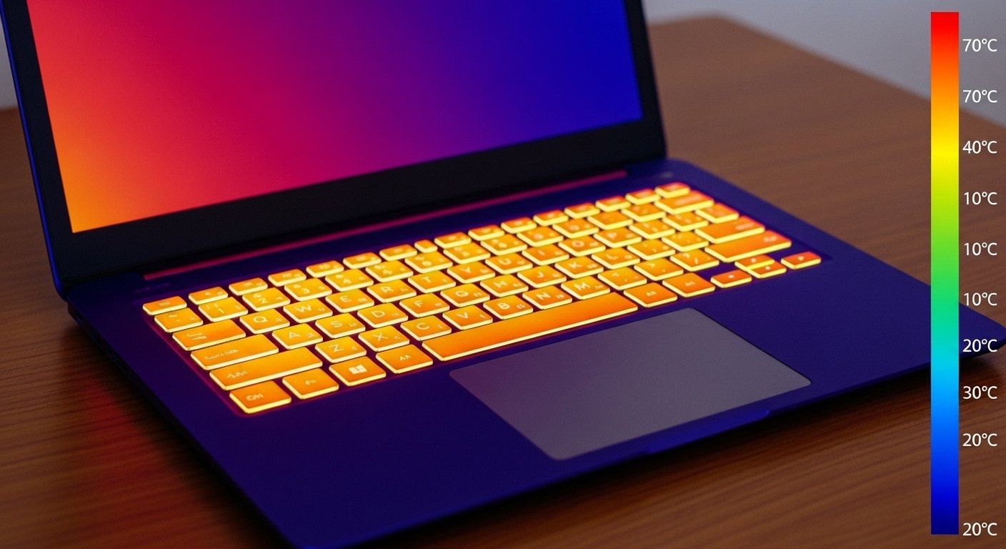 Câmera térmica mostrando notebook superaquecido na área do teclado