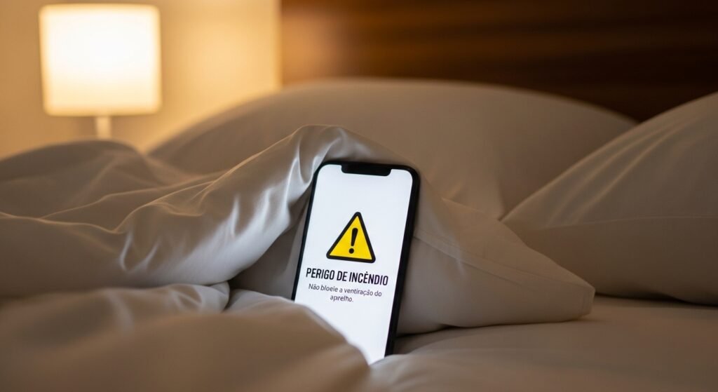 Celular carregando perigosamente debaixo de um travesseiro