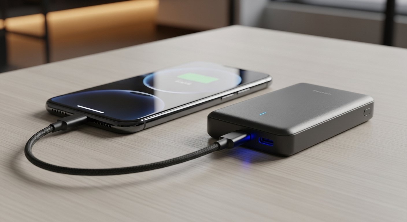 Celular conectado a um carregador portátil power bank