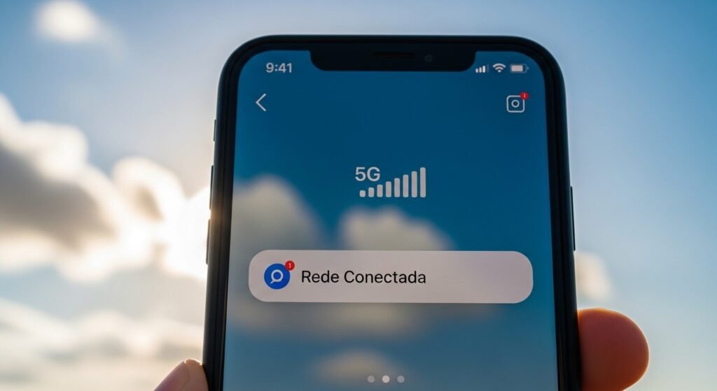 Celular exibindo sinal de rede 5G completo e conectado