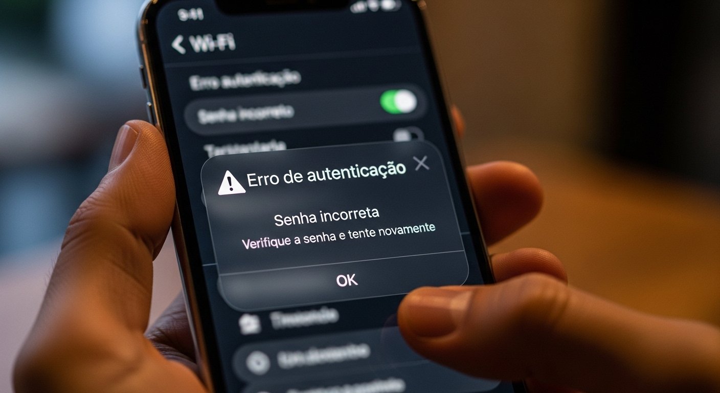 Celular na mão de usuário exibindo erro de autenticação de senha Wi-Fi