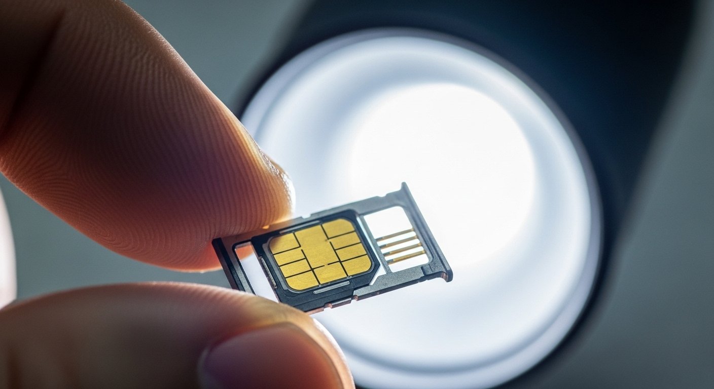Chip de celular com cartão SIM posicionado