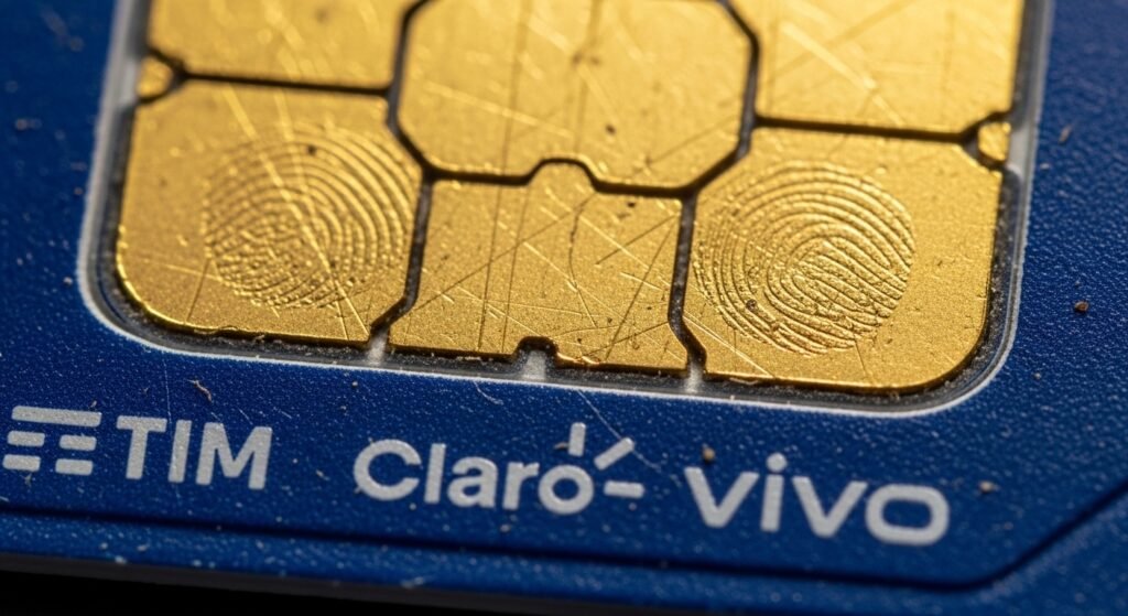Close-up de contatos dourados de um chip de celular com sujeira