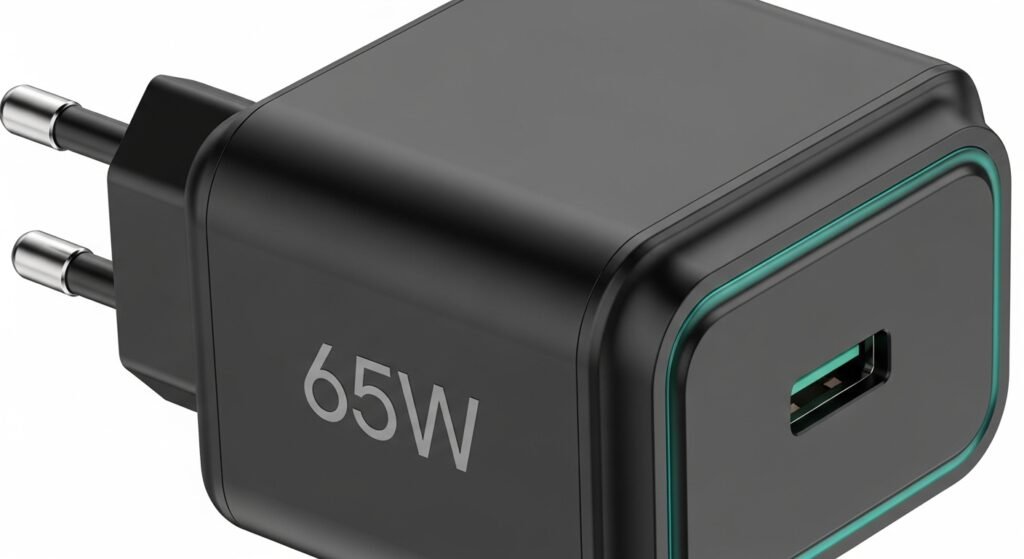Close-up de um carregador turbo moderno com a inscrição 65W na lateral