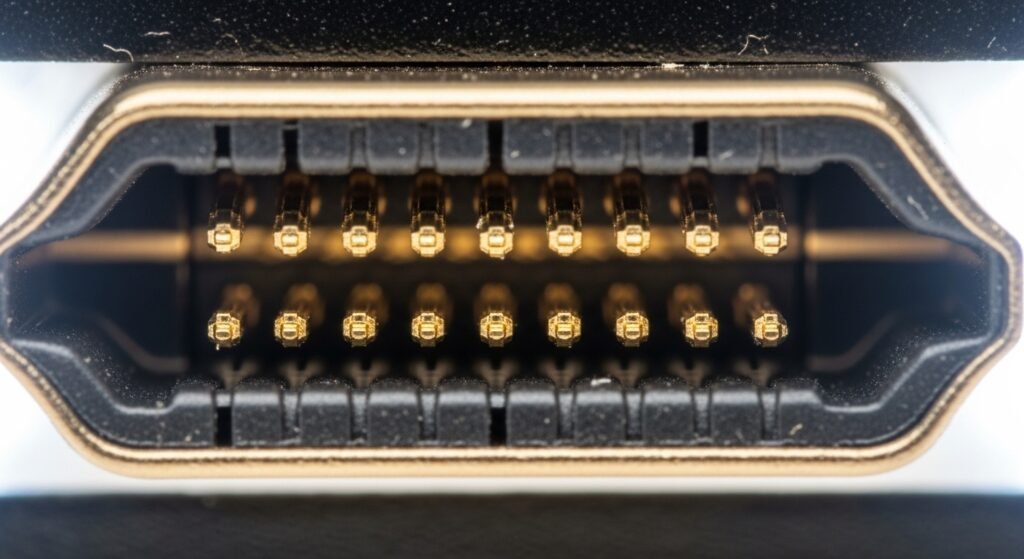 Close-up extremo detalhando os 19 pinos internos de contato de um cabo HDMI