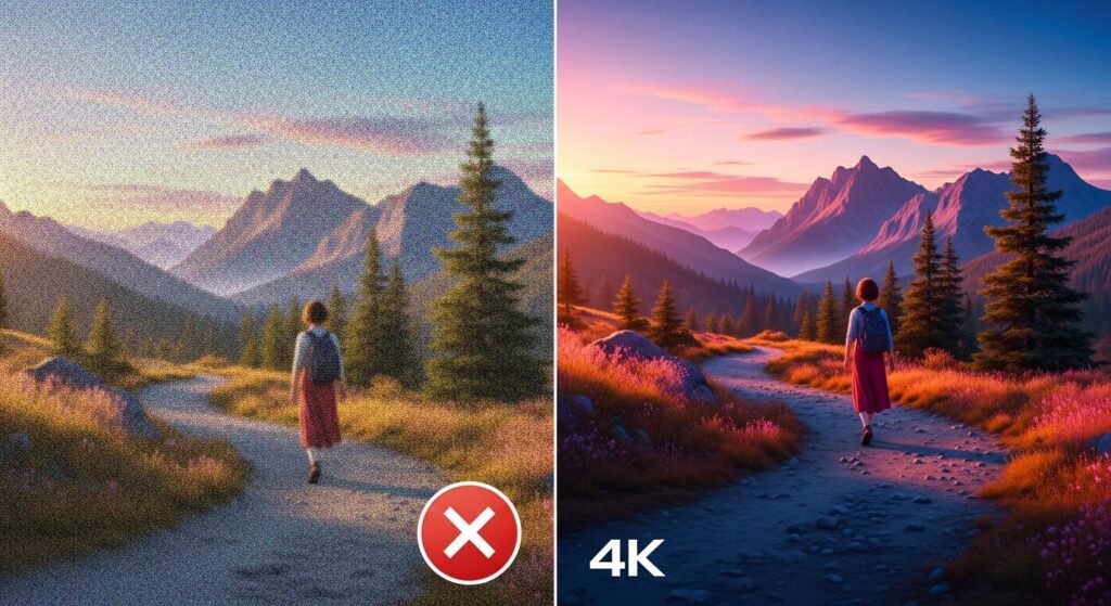 Comparação entre streaming de vídeo com erro e imagem nítida em 4K