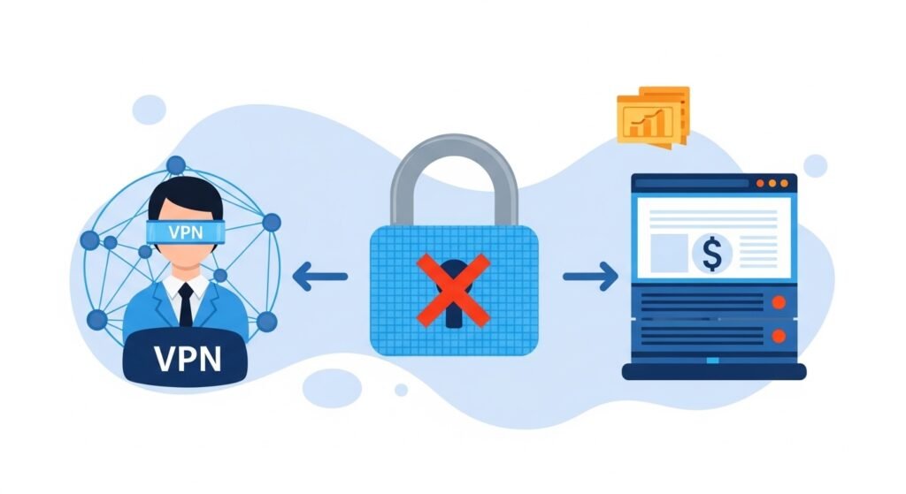 Conceito digital de uma rede VPN sendo bloqueada pelo servidor de um site financeiro
