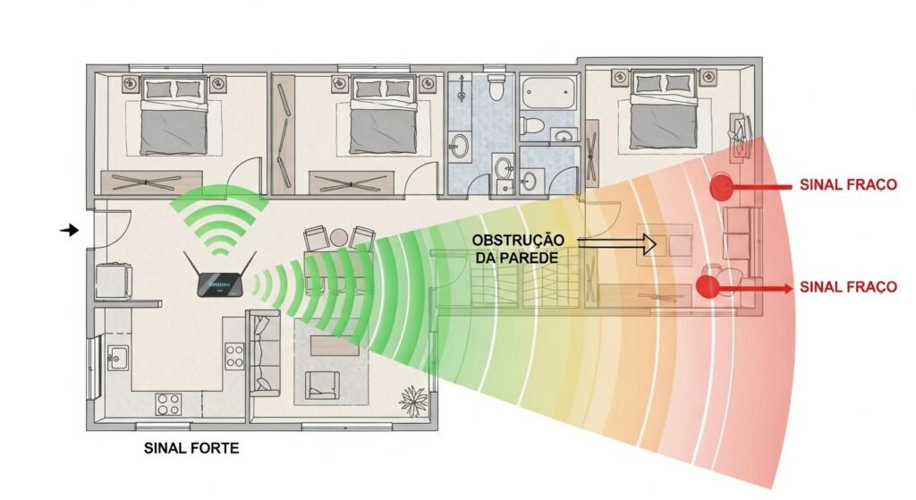 Diagrama de sinal Wi-Fi fraco em casa