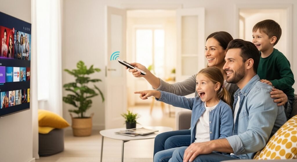 Família feliz usando o controle remoto da Smart TV com sucesso