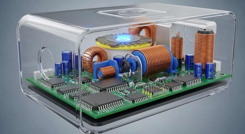 Ilustração 3D mostrando as peças internas de um carregador de celular, como bobinas e chips
