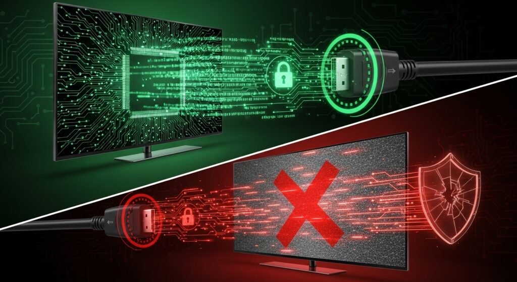 Ilustração digital representando o protocolo de segurança HDCP entre a TV e o cabo HDMI.