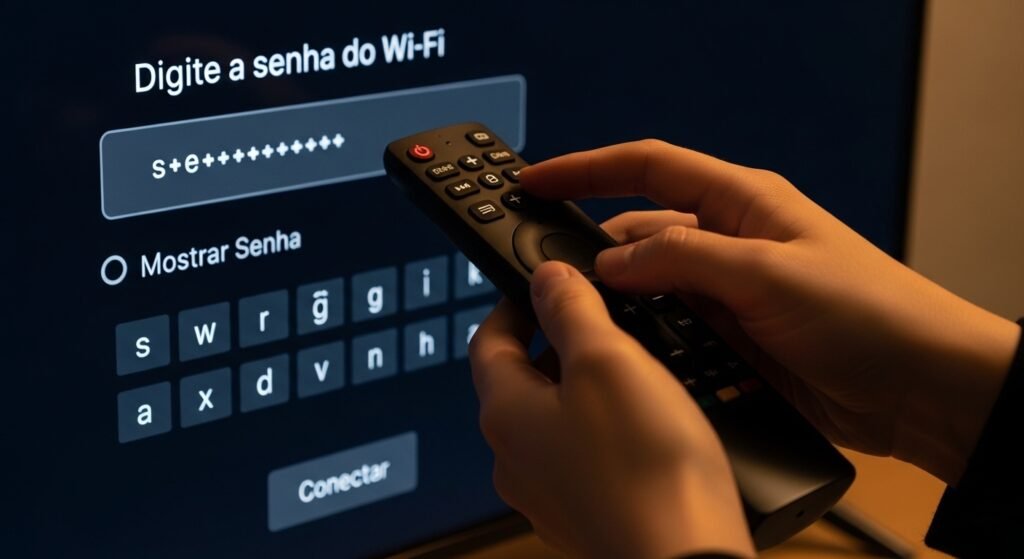Inserindo a senha do Wi-Fi no controle remoto da smart TV