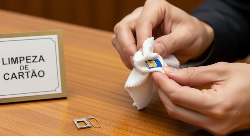 Limpando chip de celular com pano de microfibra