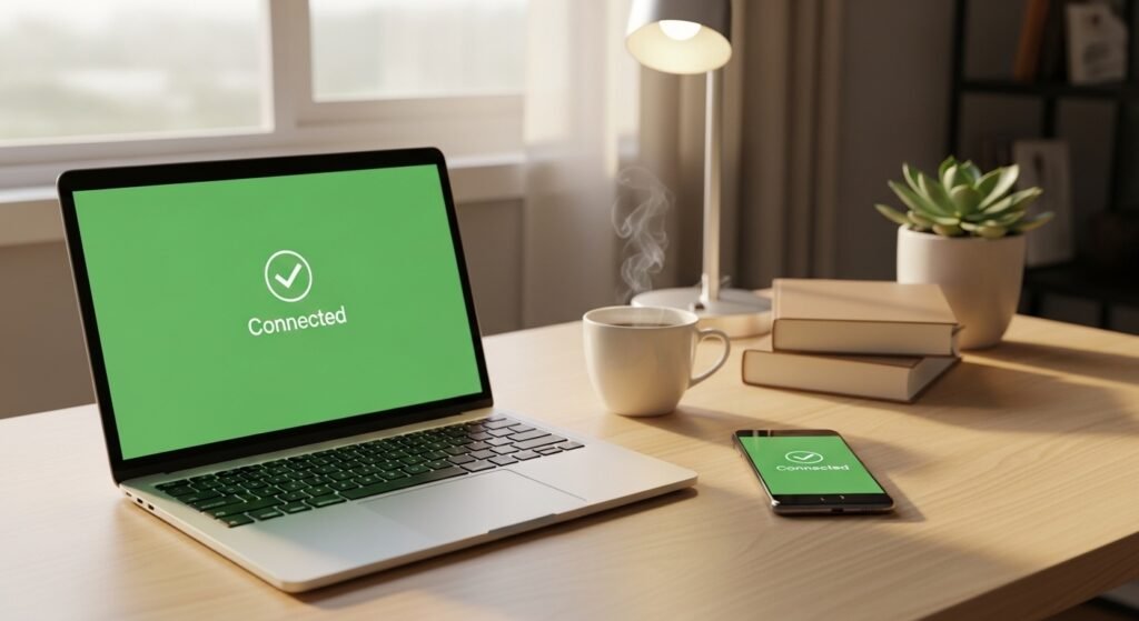 Notebook e celular conectados com sucesso à mesma rede Wi-Fi estável