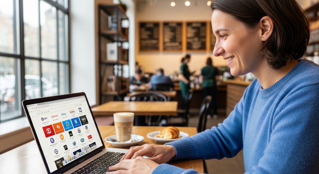Pessoa feliz e relaxada acessando sites perfeitamente em um notebook