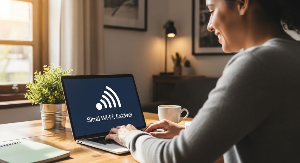 Pessoa trabalhando satisfeita com sinal de Wi-Fi completo e estável no notebook