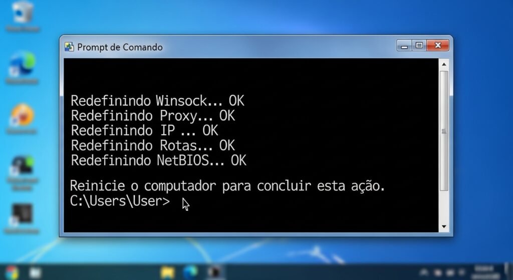 Prompt de comando do Windows executando reset de protocolos de rede