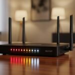 Roteador Wi-Fi moderno com luzes piscando indicando reinicialização