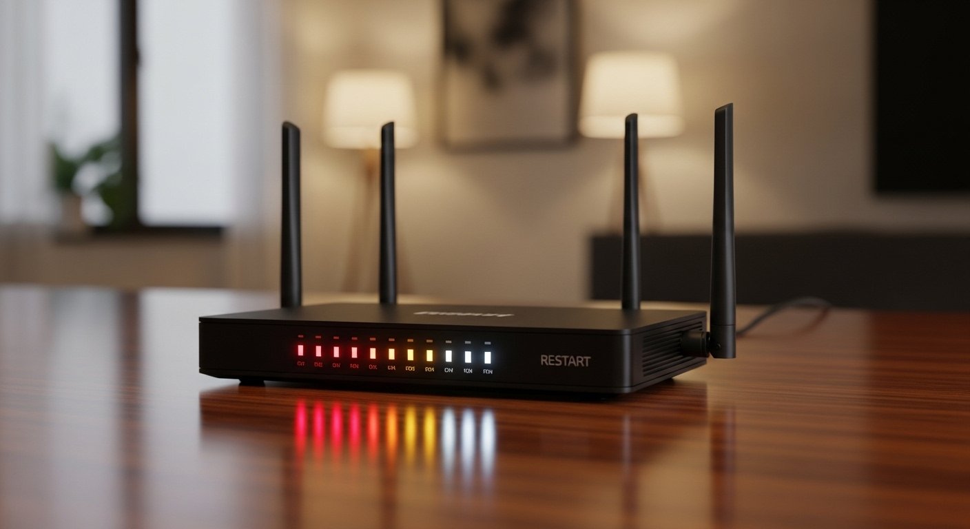 Roteador Wi-Fi moderno com luzes piscando indicando reinicialização