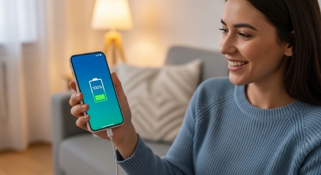 Usuário feliz com o celular em 100% de bateria carregado de forma segura