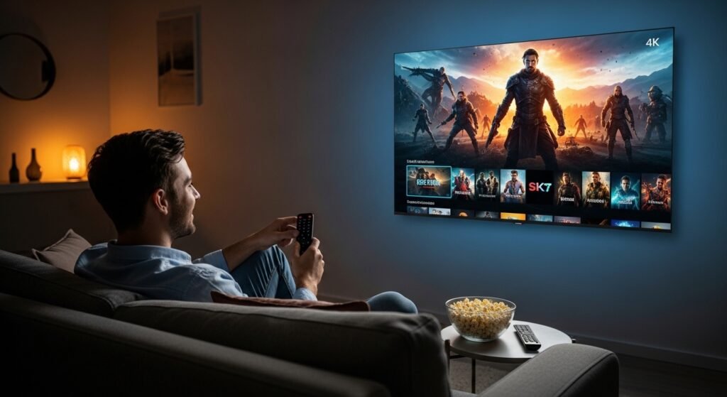 Usuário relaxado e feliz assistindo a um filme em 4K na Smart TV funcionando perfeitamente