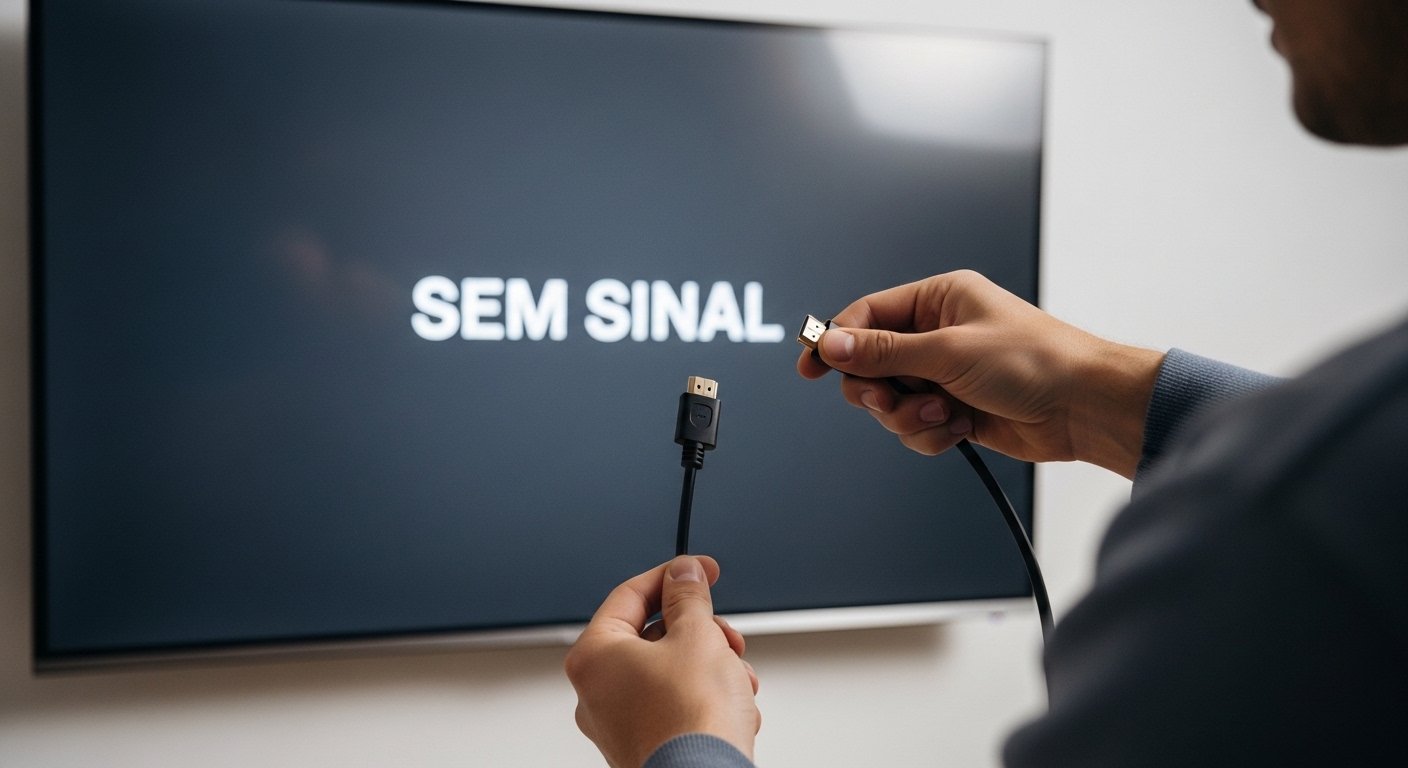 Usuário segurando um cabo HDMI em frente a uma Smart TV com a mensagem Sem Sinal na tela