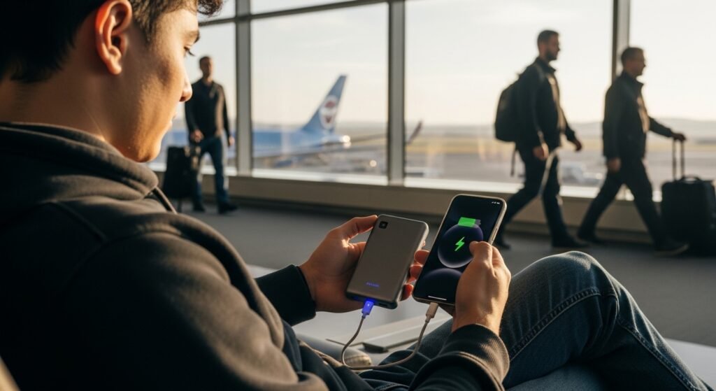 Viajante usando power bank de forma segura em um aeroporto.
