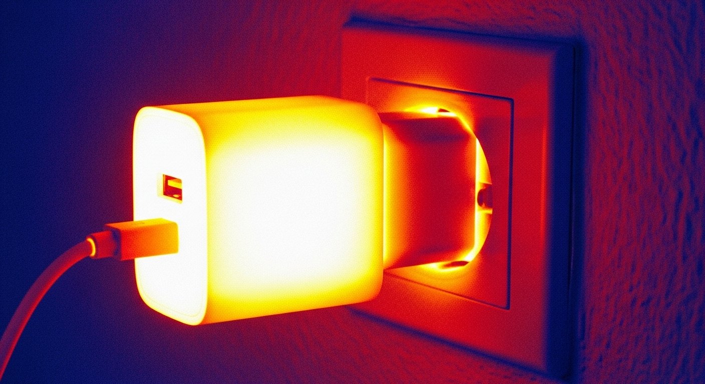 Visão de câmera térmica mostrando um carregador de celular muito quente na tomada