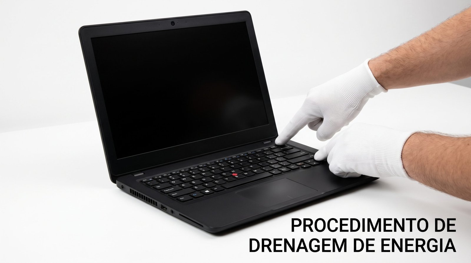 mãos firmes de um consumidor pressionando e segurando de modo ininterrupto e cirúrgico o botão principal de ligar de um notebook
