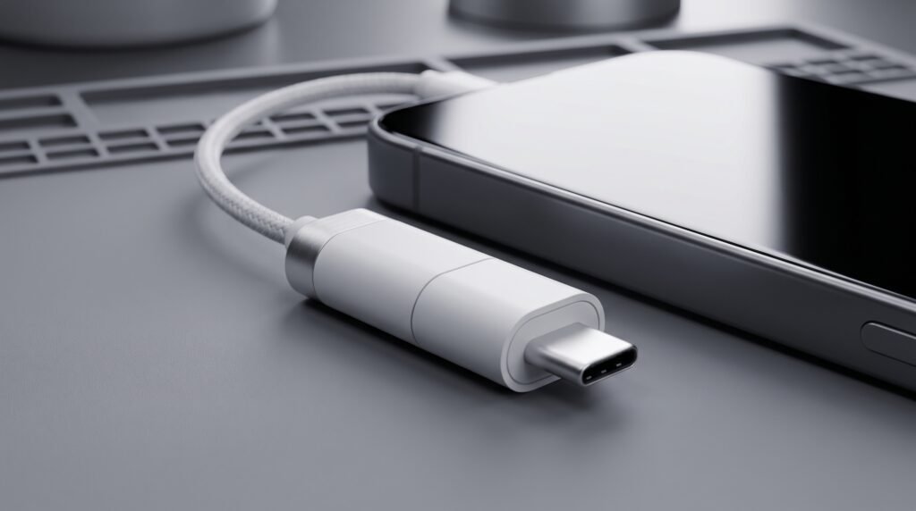 Adaptador de áudio branco de alta qualidade no formato USB-C para fone de ouvido de 3,5 mm ao lado de um smartphone.