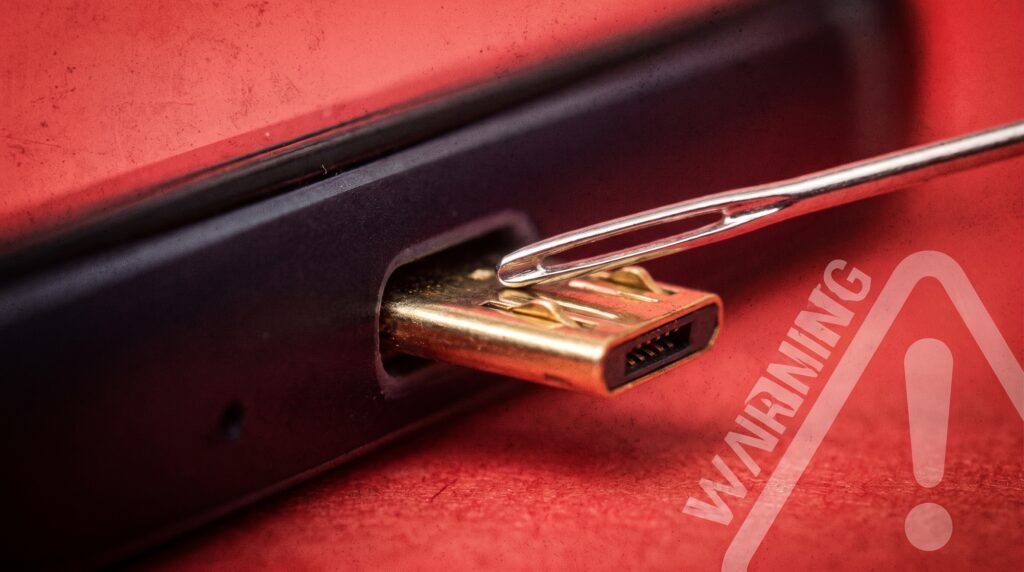 Alerta visual de perigo ao limpar o conector do celular com agulha de metal.