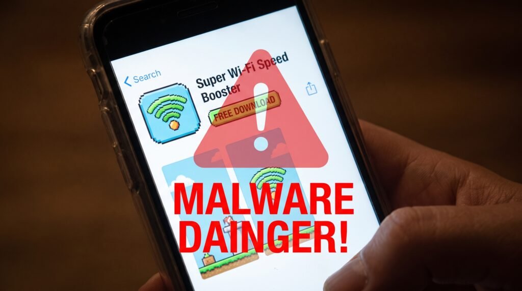 Alerta visual de perigo cibernético sobre baixar aplicativos falsos de acelerar Wi-Fi que contêm malwares perigosos.