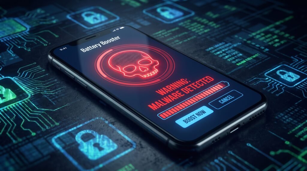 Alerta visual de perigo contra aplicativos falsos que prometem acelerar o carregamento e espalham malware.