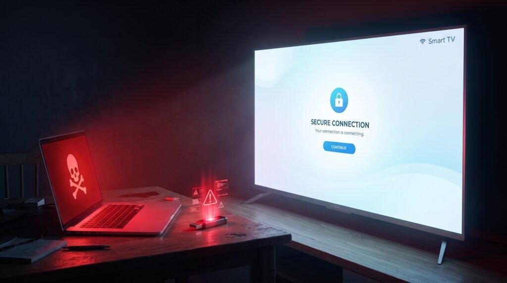 Alerta visual de perigo mostrando os riscos de malwares e aplicativos modificados em Smart TVs.