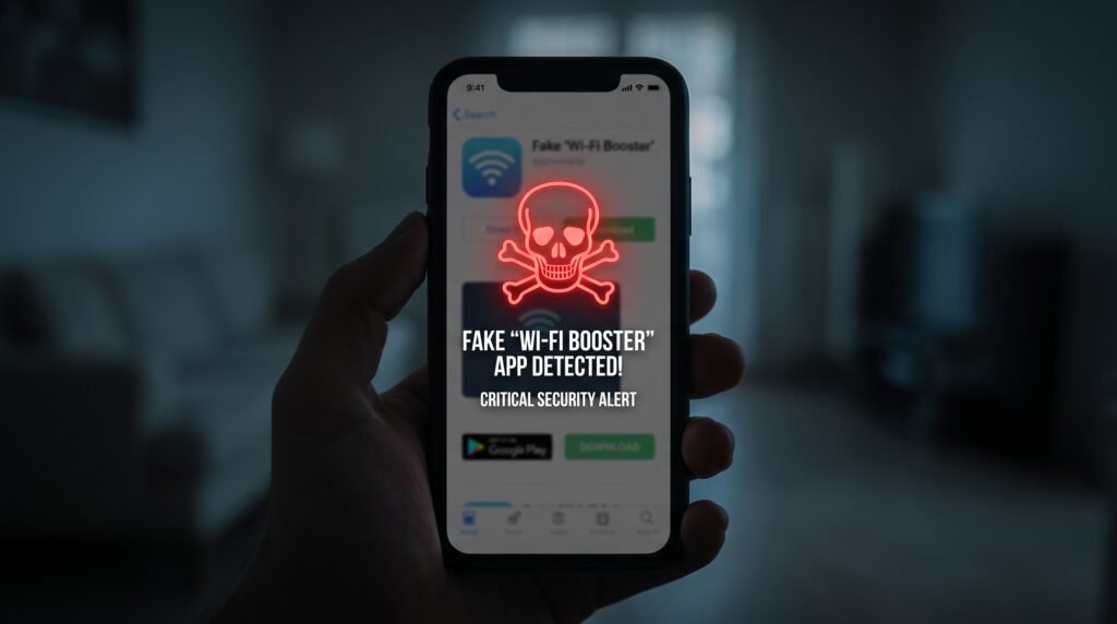 Alerta visual de perigo sobre baixar aplicativos maliciosos que prometem acelerar o Wi-Fi.