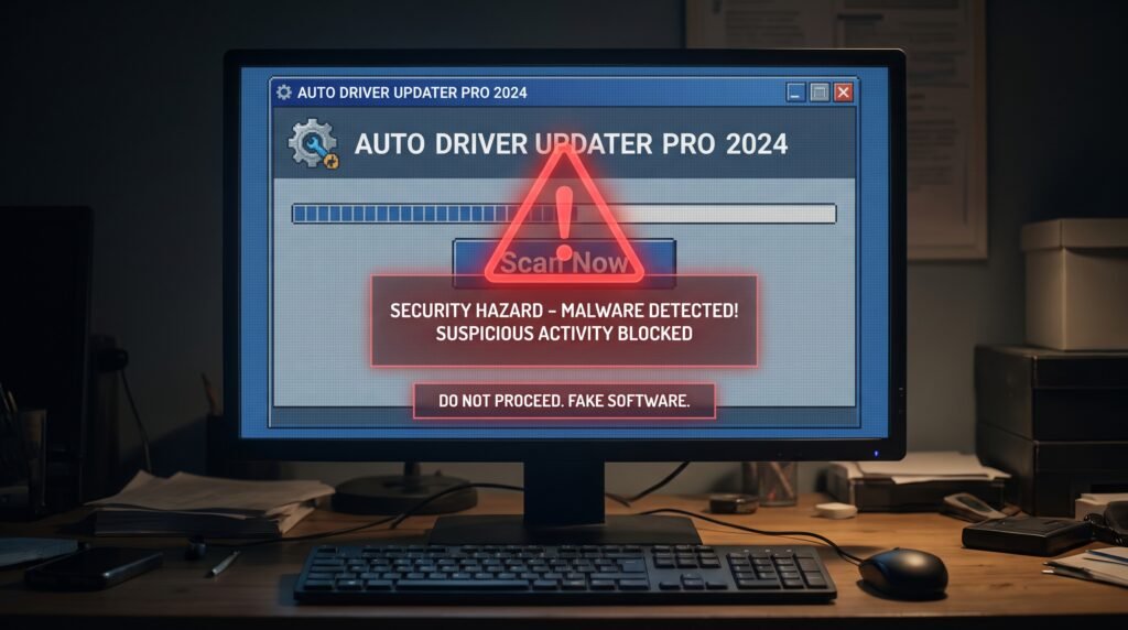 Alerta visual de perigo sobre baixar atualizadores de driver falsos que podem conter malware.