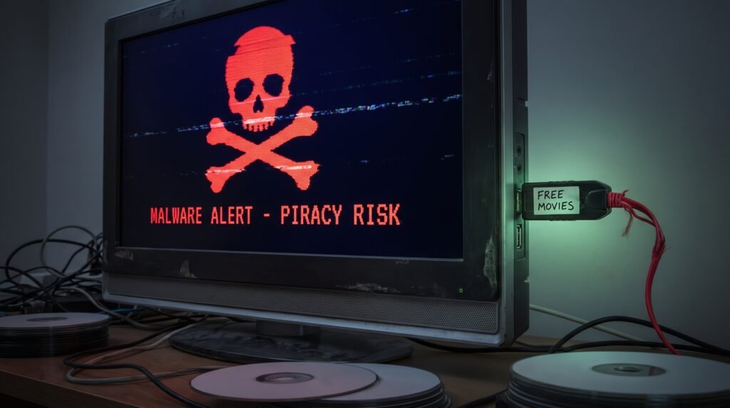 Alerta visual de perigo sobre o uso de mídias piratas e arquivos com vírus que ameaçam a segurança do usuário.