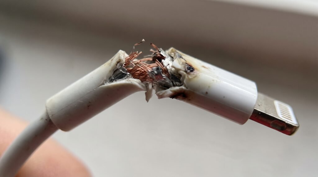 Cabo de carregador branco desgastado e partido revelando fios internos rompidos.