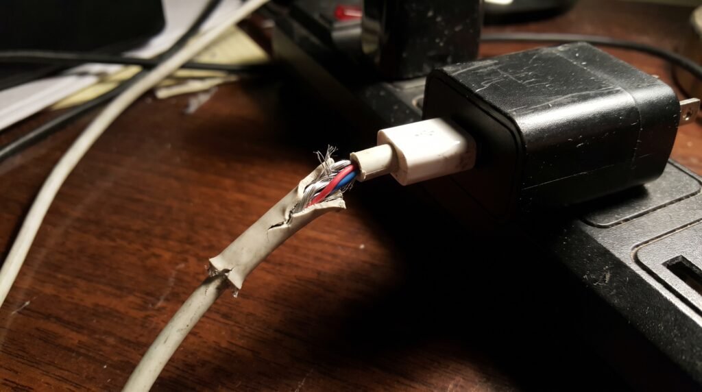 Cabo de carregador falsificado com a borracha rompida e os fios internos expostos conectado na tomada.