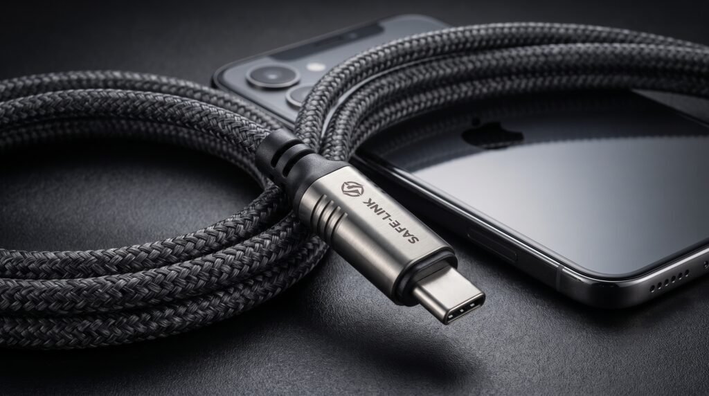 Cabo de carregamento USB-C trançado e de alta qualidade enrolado ao lado de um smartphone.