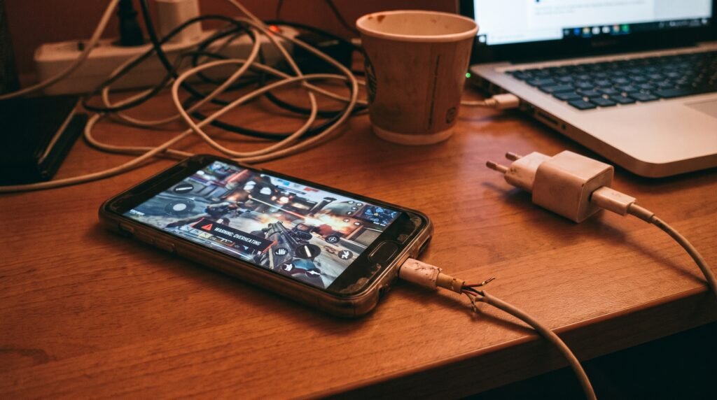 Celular conectado a um cabo de carregador falsificado enquanto executa um jogo pesado, ilustrando erro grave do usuário.