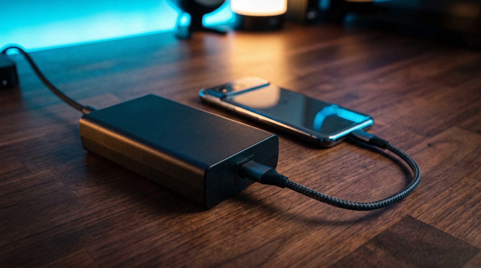 Celular moderno conectado a um grande carregador potente de notebook em cima de uma mesa de madeira.