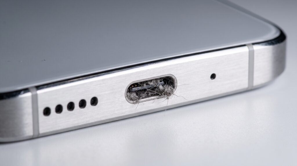 Close-up da entrada USB de um celular cheia de poeira e sujeira bloqueando o carregamento