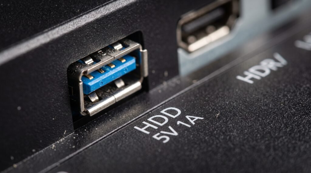 Close-up da porta USB traseira da televisão mostrando a indicação de amperagem 5V 1A para HDs externos.