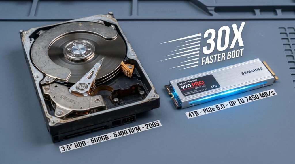 Comparação lado a lado entre um disco rígido mecânico antigo HDD e um SSD moderno para notebook.