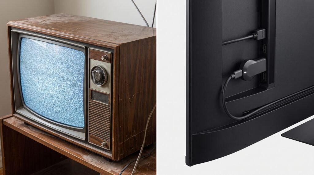Comparativo mostrando um pequeno dispositivo TV Box atualizando e modernizando uma televisão antiga.