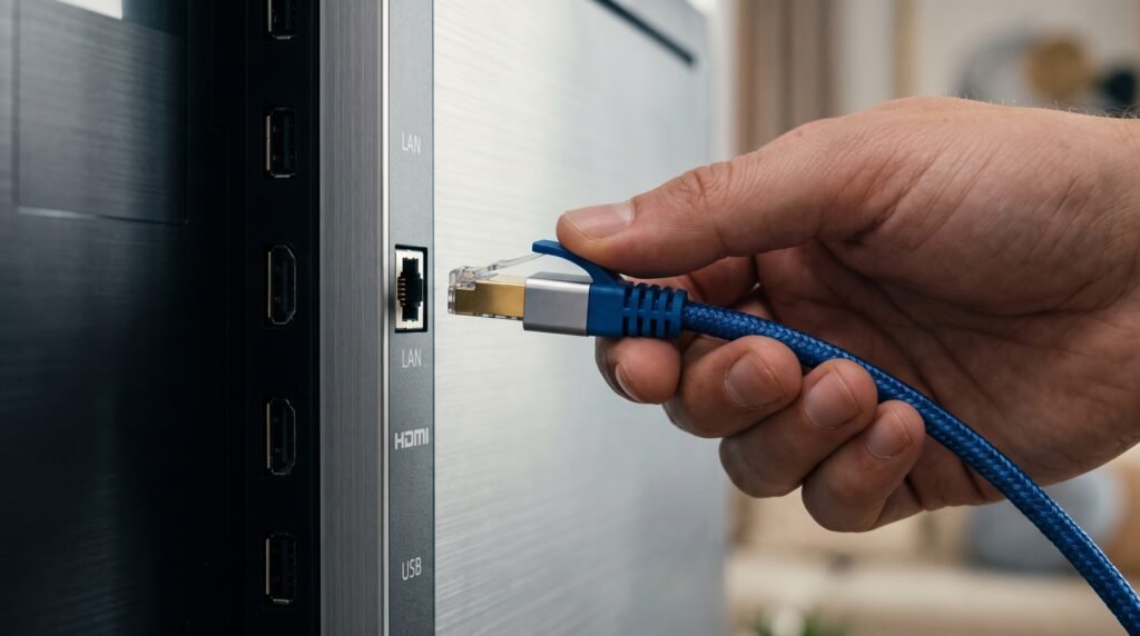 Conexão do cabo de rede azul Ethernet (RJ45) direto na entrada LAN na parte traseira da Smart TV para garantir internet estável.