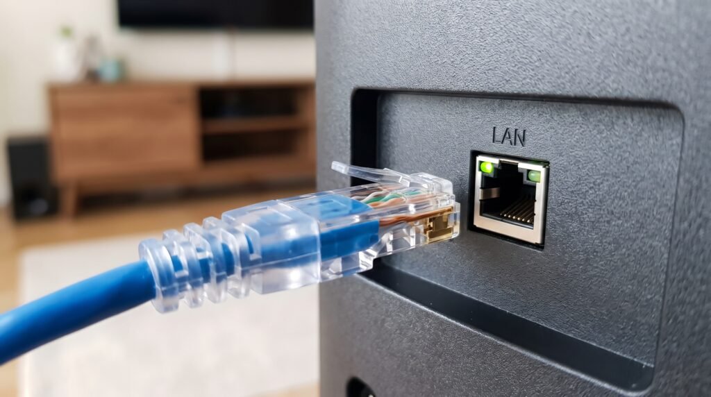 Conexão do cabo de rede de internet LAN diretamente na parte traseira da Smart TV para obter internet mais rápida.